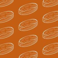 Seamless pattern of hand drawn eclair on a warm brown background. Perfect for bakery theme, pastry decor, food packaging and rustic design project. vector