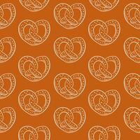 Seamless pattern of hand drawn pretzel in heart shape on brown background. Ideal for bakery, Oktoberfest theme, packaging and festive design. vector
