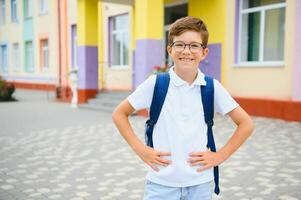 Portrait of boy going to school lessons on sunny summer day photo