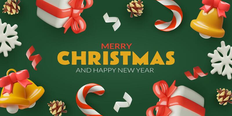 Christmas banner with 3d gift boxes holiday bells pine cones and ribbons on green background