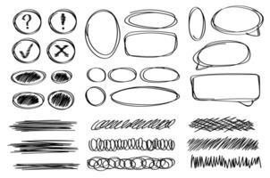 Hand drawn doodles, frames, doodle frames, notes, round ovals, thought clouds, strikethroughs of various shapes, cross and check in black, exclamation mark and question mark in a hand drawn circle. vector
