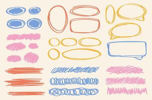 Trendy geometric postmodern primitive shapes. Hand drawn text space, doodles, frames, dots, doodle frames, notes, round ovals. Brutalist shapes for Swiss minimalist design vector
