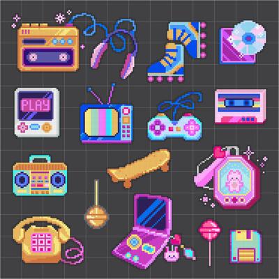 Pixel Art 8 Bit Objects, Retro Digital Game Icons Set. 90s arcade computer digital game assets. Cassette player, roller skates, game console, TV, boombox, skateboard. illustration.