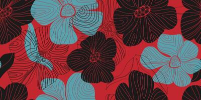 a red and blue floral pattern on a black background vector