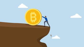 Pushing Bitcoin prevent from price falling down, 4k animation of Businessman investor supports Bitcoin to prevent it from plummeting off the edge. video