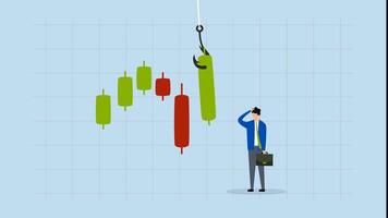 Candlestick signal to buy or sell in crypto trading, 4k animation of Businessman trader is contemplating while studying a green graph with a fishing lure. video