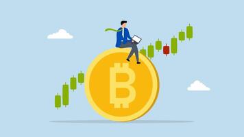 Bitcoin and cryptocurrency investing, 4k animation of business investor is using a computer to engage in cryptocurrency trading on the prominent Bitcoin platform, utilizing a candlestick price graph c video