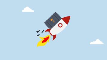 4k animation of Rocket filled with gallons of crude oil soaring high in the sky serves as a metaphor for increasing prices. video