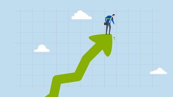 Fear of stock market, 4k animation of Businessman investor is at peak with soaring arrow, feeling anxious as he gazes downwards. video