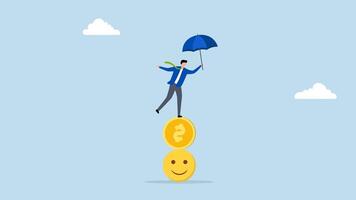 Balance between money and happiness, 4k animation of Businessman with an umbrella balancing on top of a pile of smiley faces and dollar coins. video