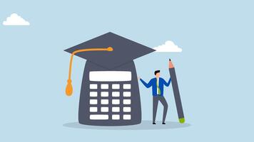 Student loan calculation, 4k animation of a graduate is standing with mortar board hat and calculator. video