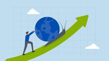 Global economic slowdown, 4k animation of businessman is using a slow snail to represent the gradual growth of GDP in the world economy. video