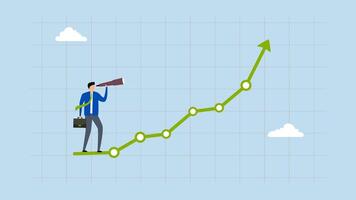 Investment upside potential, 4k animation of Businessman gazes through telescope to observe investment graph ascending. video