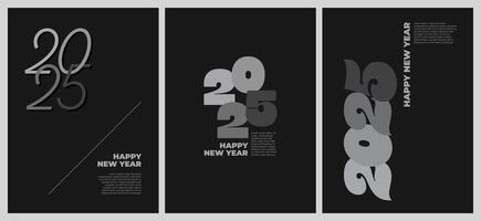 An elegant poster design for Happy New Year 2025, featuring a combination of clean silver and black colors. This premium poster background celebrates the New Year in style vector