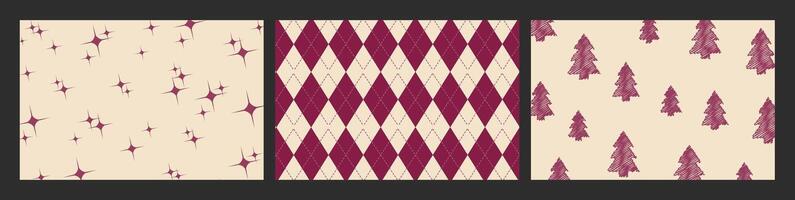 A set of Christmas patterns featuring Christmas trees, with a Scandinavian Norwegian simple winter print. This minimalistic graphic illustration includes a striped herringbone pattern vector