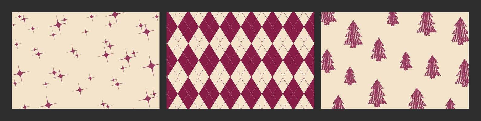 A set of Christmas patterns featuring Christmas trees, with a Scandinavian Norwegian simple winter print. This minimalistic graphic illustration includes a striped herringbone pattern
