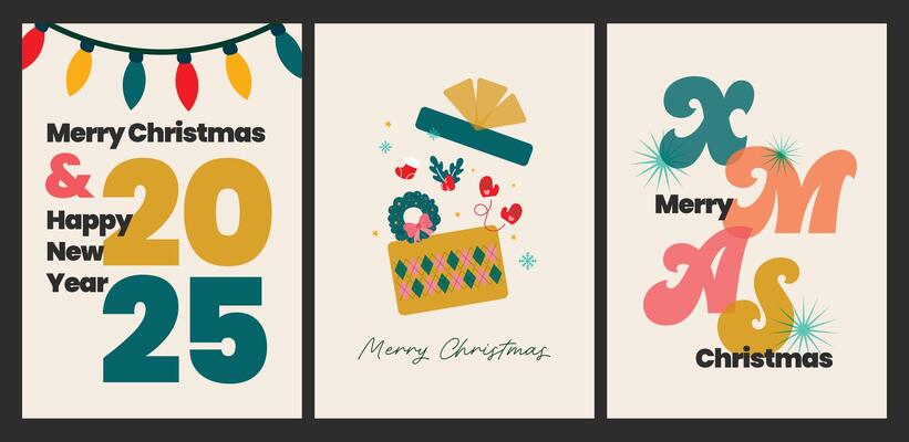 Merry Christmas and Happy New Year set of greeting cards. Modern Xmas design with typography, Christmas tree. templates banner, poster, holiday cover