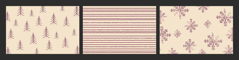 A set of Christmas patterns featuring Christmas trees, with a Scandinavian Norwegian simple winter print. This minimalistic graphic illustration includes a striped herringbone pattern vector