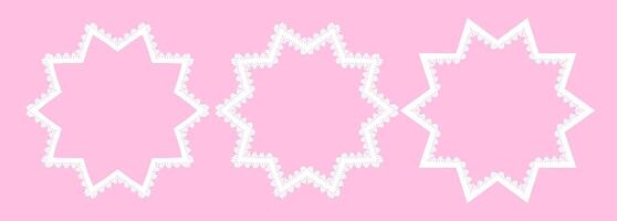 Sets of three white eight-pointed star shape border frame. Collection of decorative, lacy border. Doily design element. For vintage projects, digital scrapbooking, wedding invitation, stationery. vector