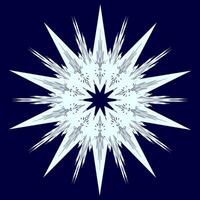 Symmetrical star-shaped pattern. Elegant snowflake-inspired. Dark blue background with intricate design. Complex lines and curves in white and light blue. Creates depth, sophistication. Winter theme. vector