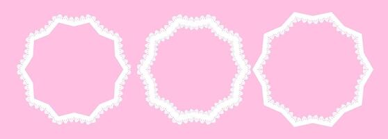 Collection of 3 white eight pointed stars border frame. Isolated design template. Decorative, lace and doily border with pink background. For vintage projects, digital scrapbooking, wedding invitation vector