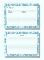 two recipe cards with a decorative blue and white pattern border. resembles a tie-dye or watercolor effect. for organize recipes in a binder or recipe box. beautiful and functional home stationary. vector