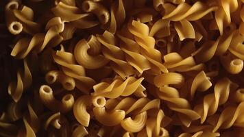 Uncooked Fusilli and Chifferi Rigati Pasta - Top View, Close-Up, Low Key. Fat and Unhealthy Food. Classic Dry Macaroni, Rotating Background. Raw Different Macaroni Pasta Texture - Rotate Left video