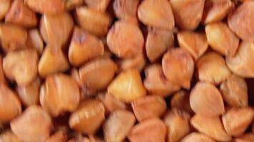 Dry Uncooked Brown Buckwheat Groats Background Moving Downward - Top View, Close-Up, Macro. Raw Large Buckwheat Grains. Russian, Ukrainian and Belarusian Culture video
