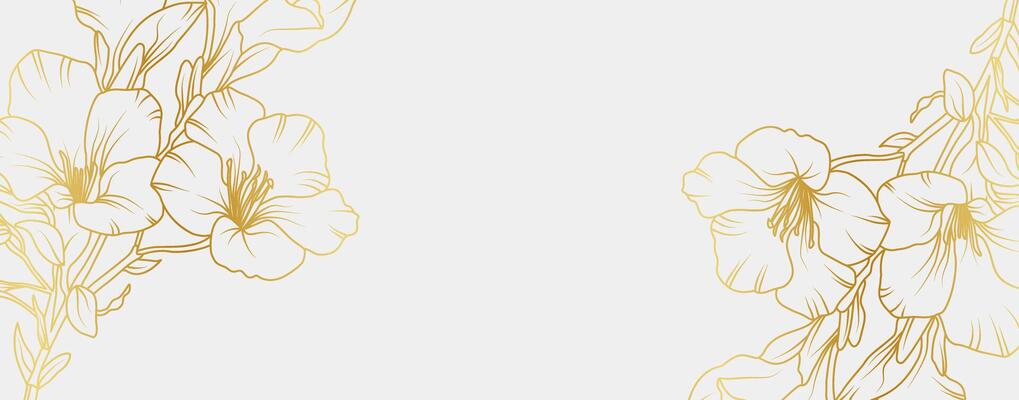 Luxury gold freesia flowers background. Floral pattern tropical in line art style for greeting, invitation, wedding card, wall art, wallpaper and print. illustration