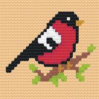 Knitted pattern with a bullfinch.The bullfinch bird is sitting on a branch. Fashionable northern pattern. creative illustration with winter birds. Realistic texture of knitted wool fabric. vector