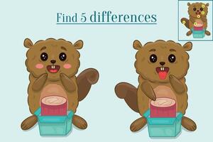 Find five differences from animals, compare two beavers and find the differences. This is an educational game for kids.A page with training materials. Preparing for school. illustration vector