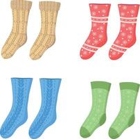 A set of knitted multicolored socks with a pattern. Collection of socks, winter illustration. A set of fashionable clothes in an individual style. New Year's illustration. vector
