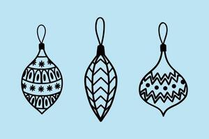 A set of Christmas tree toys. black and white image of Christmas tree toys in the form of icicles and balls, a symbol of Christmas and New Year. It is used for the design of banners, coloring vector