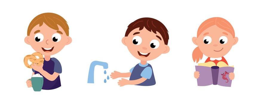 Child's daily routine. Eats lunch, washes hands, reads books. White background, isolate. vector