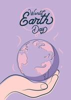 Hand holding earth globe on purple background with text world earth day vector