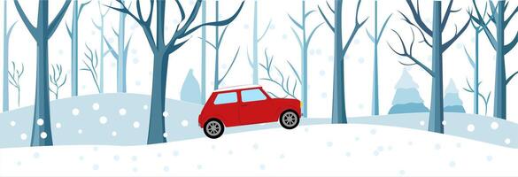 A vibrant winter landscape with a retro car driving through a snowy forest, surrounded by trees and gentle snowfall. illustration vector