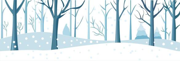 A vibrant winter landscape with a retro car driving through a snowy forest, surrounded by trees and gentle snowfall. illustration vector