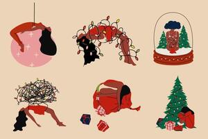 Set of person experiences sadness and unhappiness during the Christmas holidays. Psychology concept vector