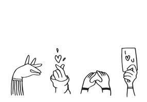 four drawings of hands in unique poses in doodle style vector