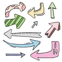 Various arrows colored doodle set. Cartoon dynamic arrow pointers. Hand drawn direction arrow design isolated on white background. vector