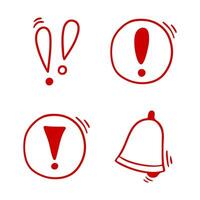 Doodle exclamation mark, notification bell, alert danger information sign set. Scribble hand drawn red doodle exclamation point, stop warning sign. vector