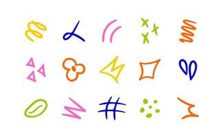 Line movement element set, emotion graphic effects, decoration icons. Color bright doodle line elements, arrow, emphasis, heart, wind, zigzag, sparkle. Hand drawn Anime emotion, express shape. vector