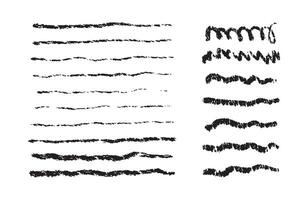 Chalk lines, brush strokes, crayon pencil underlines. Sketch Charcoal straight and curve horizontal lines set. Scribble black strokes. Grunge smears, thin and thick dividers. vector