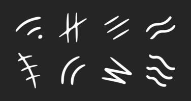 Line movement element set, emotion graphic effects, decoration icons. Doodle line elements, arrow, emphasis, heart, wind, zigzag, sparkle. Hand drawn Anime emotion, express shape on black background vector