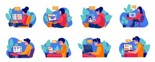 Set of business people working on laptop, online digital professions in vector