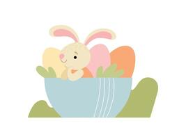 Lovely Bunny Sitting in Bowl with Colorful Eggs, Happy Easter, Design Element for Greeting Card, Invitation, Poster, Banner Illustration vector