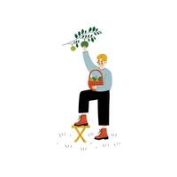 Young Man Picking Apples From Tree, Guy Working in Garden or Farm Illustration vector
