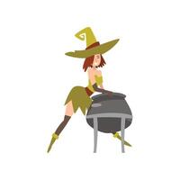 Beautiful Witch with Cauldron of Potion, Charming Witch Character Illustration vector