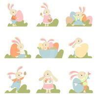 Collection of Cute Bunnies Dressed in Sweet Clothes with Colorful Eggs, Happy Easter, Design Element for Greeting Card, Invitation, Poster, Banner Illustration vector