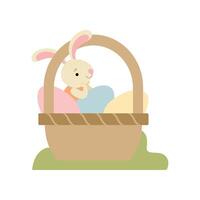 Cute Bunny Sitting in Basket Full of Decorated Eggs, Happy Easter, Design Element for Greeting Card, Invitation, Poster, Banner Illustration vector